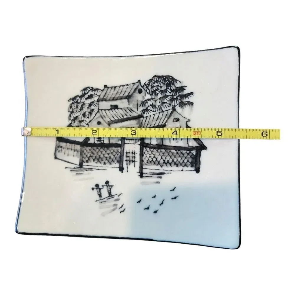 Vintage Asian Village Black Cream Square‎ Transfer Ware Candle Holder Set